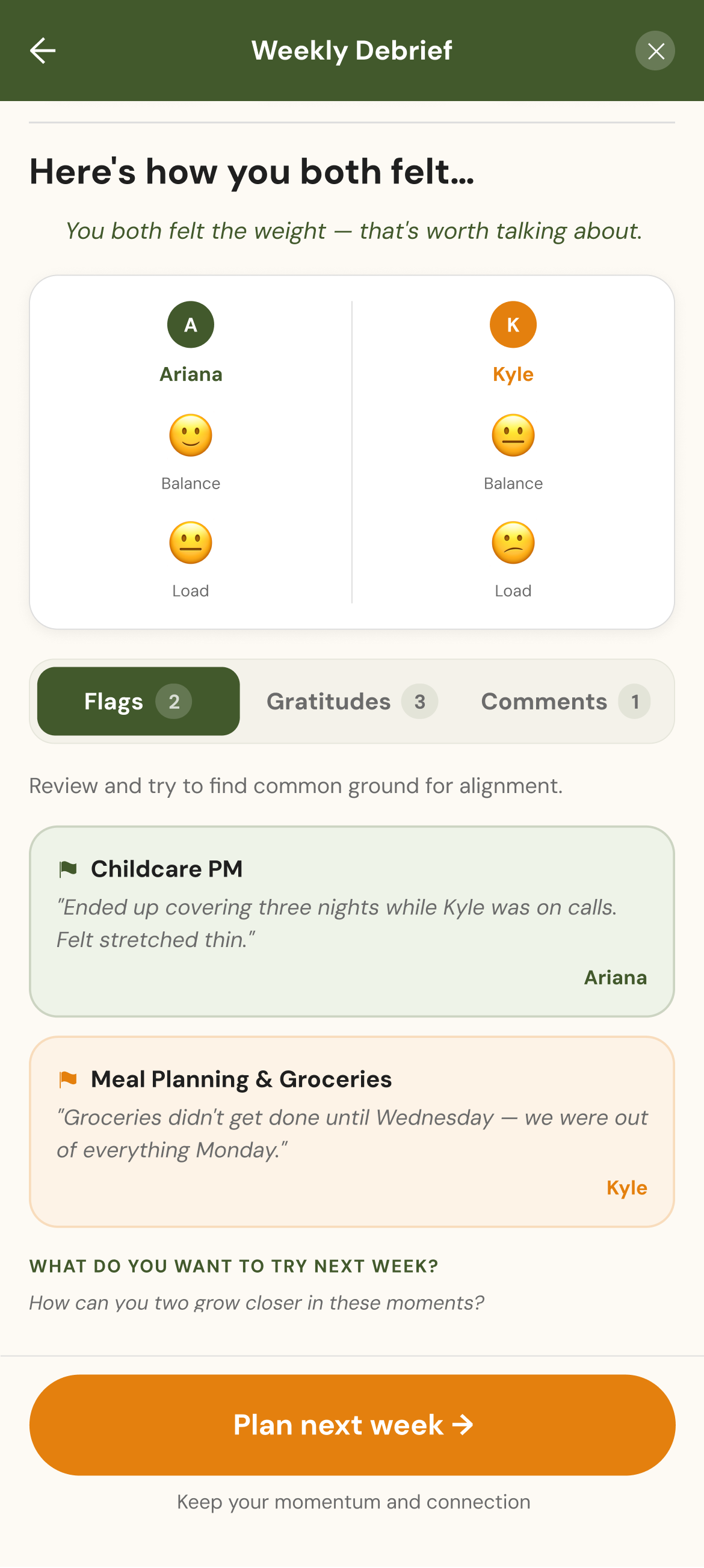 Weekly Debrief — how you both felt