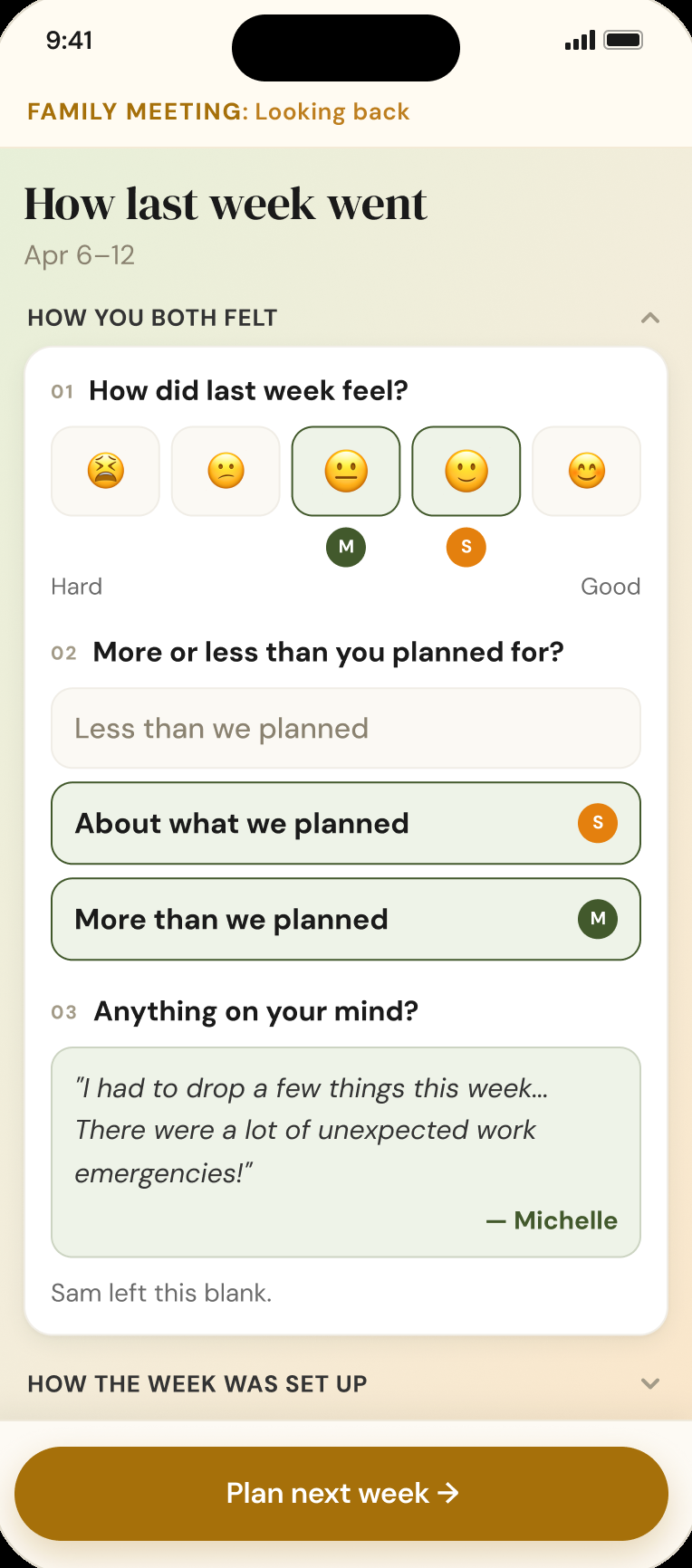 How last week went: both partners' reflections side by side